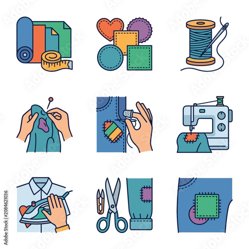 Colorful sewing and tailoring icons set illustration.