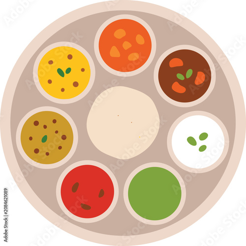 Traditional Indian thali platter with rice. Traditional Indian meal platter with rice and curries for menus