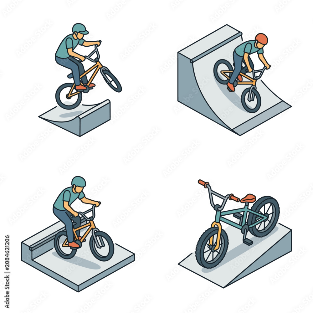Obraz premium Colorful cartoon illustrations of BMX bike stunts on ramps.