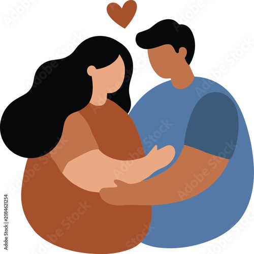 Couple embracing with heart symbol. Man and woman hugging with heart for relationship themes