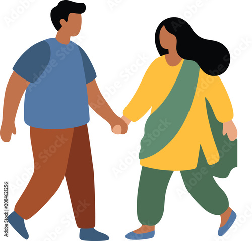 Couple holding hands and walking. Couple in casual and traditional clothing walking for web design