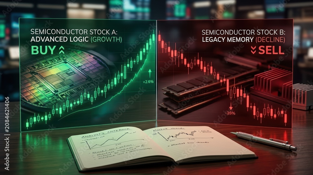 Naklejka premium A split-screen market concept shows two semiconductor charts diverging sharply, with one glowing green and climbing while the other turns red and falls; a microchip close-up, memory modules