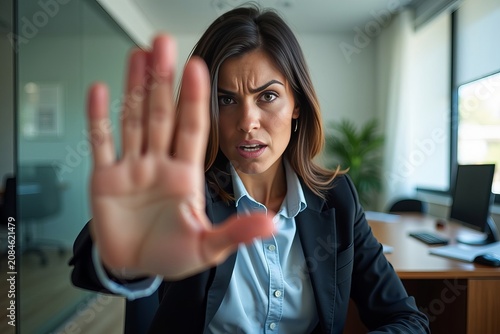 Photo of stressed business woman in office, making stop gesture to address workplace harassment.