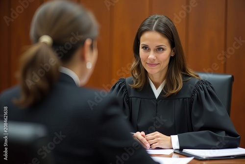 Female Judge Overseeing Divorce Legal Dispute Resolution and Mediation in a Courtroom.