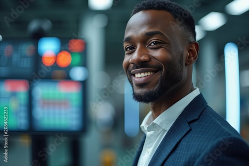 Confident African American Man Professionally Managing Industrial Technology Controls in Corporate Environment, Demonstrating Compliance with Quality Standards.