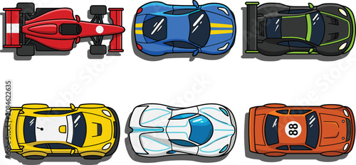 Racing Car Top View Vector Set with Formula One, Supercars, Sports Cars, Hypercar, and Stock Race Car Icons for Game UI Design