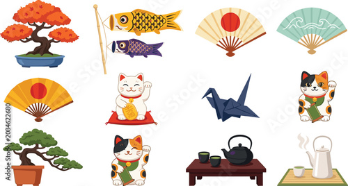 Japanese Culture Icon Set with Lucky Maneki Neko Cats Bonsai Trees Koinobori Carp Streamers Origami Crane Folding Fans and Tea Ceremony Elements