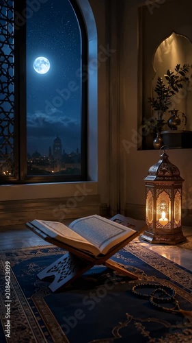 Quran on prayer rug with lantern and moonlight