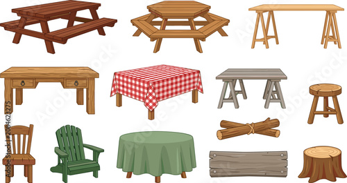Wooden Tables and Chairs Icon Set with Picnic Bench, Desk, Tablecloth, Stool, Adirondack Chair, Plank, and Tree Stump Vectors for Furniture Design