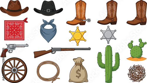 Wild West Cowboy Element Icon Set with Cowboy Hats, Leather Boots, Sheriff Badges, Bandanas, Revolver Gun, Rifle, Lasso, and Cactus Vectors