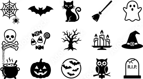 Fotografía Halloween Icon Set Featuring Spooky Black Silhouettes of Pumpkins, Ghosts, Skull