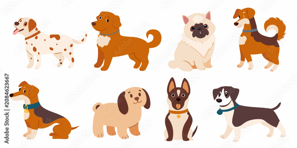 Fototapeta premium cute cartoon dog breeds collection in flat vector style on white background dogs illustration canine puppy animal pet design graphic artwork