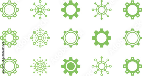 Green Mechanical Gear Cog Icons Collection and Tech Network Node System Optimization Elements Vector Set
