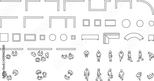 Obraz na płótnie Wall and partition CAD block set, with top view people entourage symbols, for ar