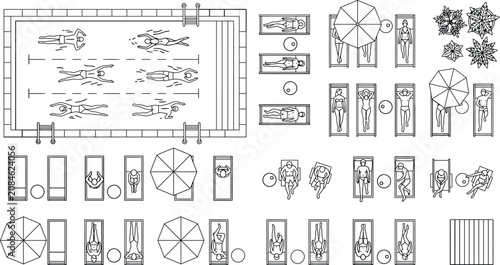 Pool deck and outdoor terrace CAD block library, top view swimming pool, sun loungers, umbrellas, seating, and people entourage symbols for landscape and resort site plans