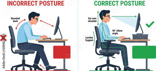 Man comparing incorrect slouching versus correct ergonomic posture at computer desk with healthy spine alignment