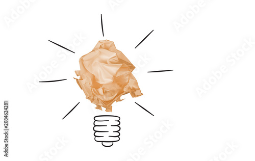 Conceptual lightbulb made of Brown crumpled paper ball with hand drawn elements. Symbol of creative business idea, insight, innovation and brainstorming process, isolated on white