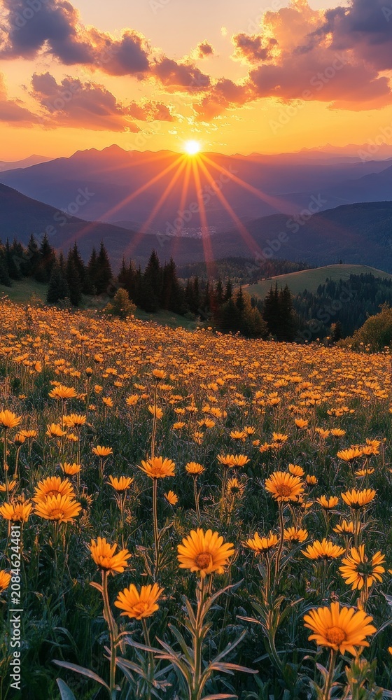 Fototapeta premium Golden flowers blanket a rolling hillside against a radiant sunset background, symbolizing nature's serenity and resilience. Field: Environmental awareness, mental health.