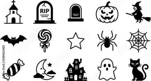 Fotografie Halloween Silhouette Icon Set with Church, Tombstone, Pumpkin, Witch, Bat, Candy