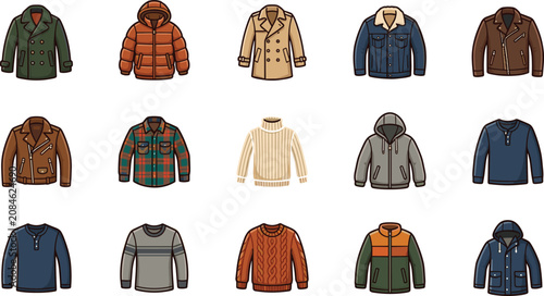 Cartoon mens winter outerwear and top clothing vector icon set featuring jackets coats puffer jackets hoodies leather jackets flannel shirts and knitted sweaters.