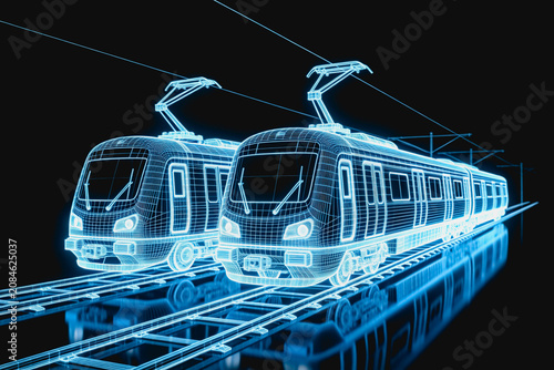 A 3D wireframe neon model of two modern electric trains on railway tracks, with overhead catenary lines.