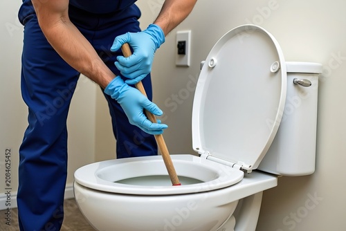 Plumber Demonstrating Toilet Unclogging Process with Plunger