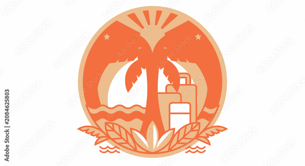 Obraz premium Tropical Vacation Emblem with Palm Tree and Luggage.