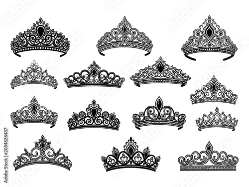 Vector tiara set. Beautiful queen tiaras or princess crown silhouettes for wedding cards and vignettes