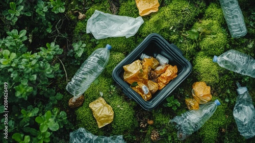 Discarded plastic bottles and wrappers litter a vibrant mossy forest floor, serving as a stark background highlighting environmental pollution.