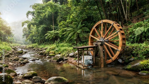 Traditional Wooden Waterwheel with Micro-Hydroelectric Generator on a Beautiful River