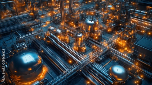 Glowing industrial pipes and tanks illuminate a complex energy processing background, highlighting heavy manufacturing infrastructure.
