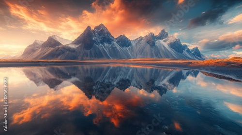 Majestic peaks reflect in calm water against a fiery sunset background, evoking serene natural beauty.