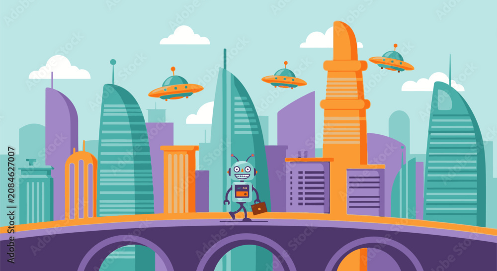 Fototapeta premium A futuristic cityscape scene with a robot on a bridge surrounded by flying saucers and skyscrapers