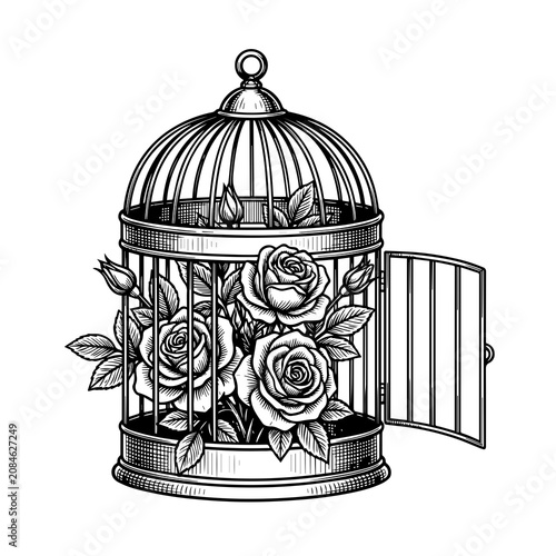 Принти на полотні Black and white line of an open birdcage filled with blooming roses and leaves o