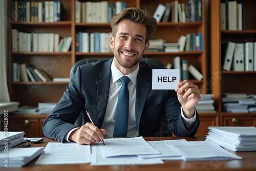Man in Suit Desperately Seeks Assistance in Overwhelmed Office Setting