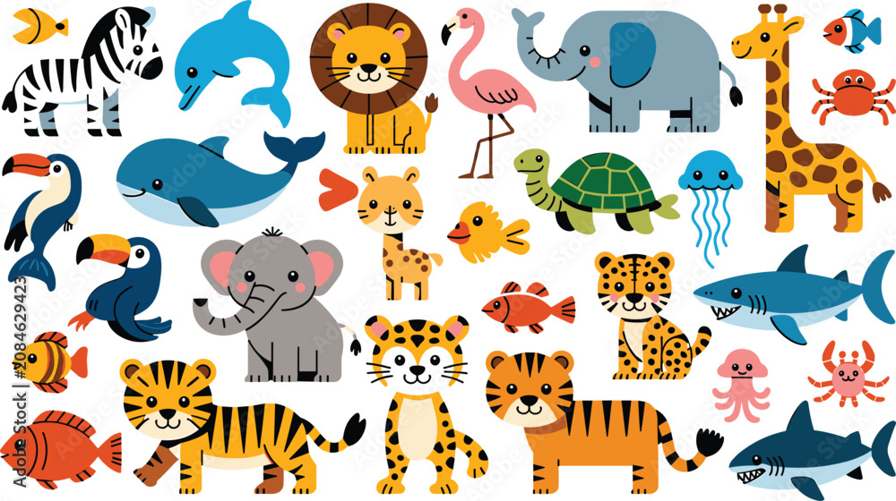 Fototapeta premium Cute cartoon wild and sea animals collection with lion elephant tiger giraffe zebra dolphin shark whale vector illustration set