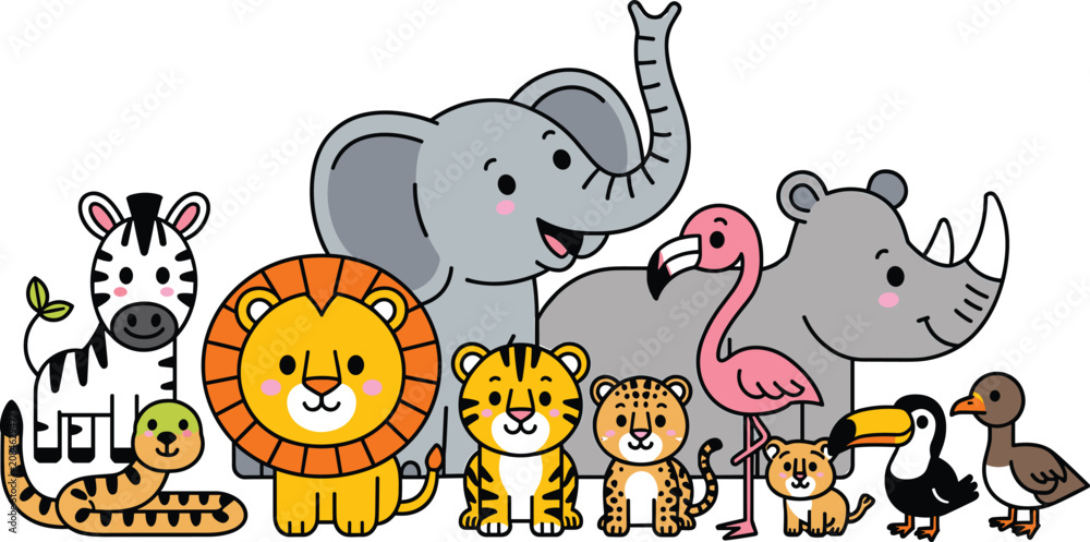Fototapeta premium Cute cartoon safari wild animals collection with lion elephant tiger zebra rhino flamingo and toucan character vector illustration banner