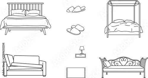 Foto Bedroom furniture line icon set featuring comfortable double beds canopy bed arm