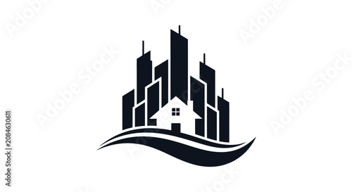 Abstract City Skyline with House and Wave Element Real Estate Logo isolated white background