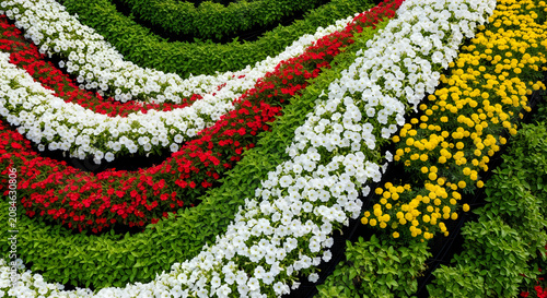 Vibrant Floral Pattern Garden Design with White Red and Yellow Flowers Top View