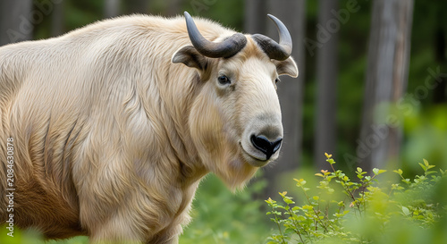 Close up portrait of light brown domestic goat with curved horns grazing in lush green forest clearing