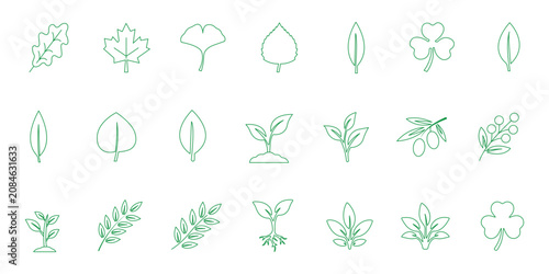 Photos Leaf sprout icon vector set, green leaves plant eco logo symbol simple graphic illustration set, vegan fresh herb pictogram shape sign, organic natural healthy logotype