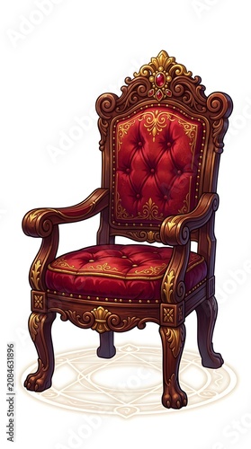 Vintage wooden rocking chair with red cushion.