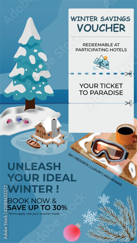 Winter travel savings voucher template with editable text. Vector promo banner for ski resorts and hotels booking with snowy landscape, cozy cabin on frozen lake, pine tree, snowflakes, and goggles.