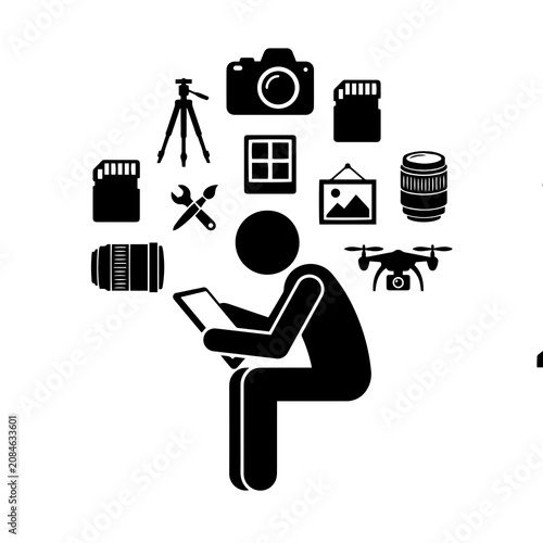 And videography set featuring a person with a tablet, camera, tripod, memory card, lens, drone, and gallery on white