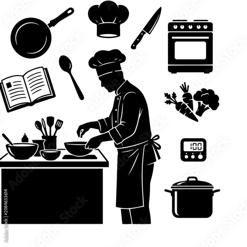 Cooking and kitchen set featuring a chef, frying pan, chef hat, knife, stove, cookbook, spoon, vegetables, timer, and pot on white background