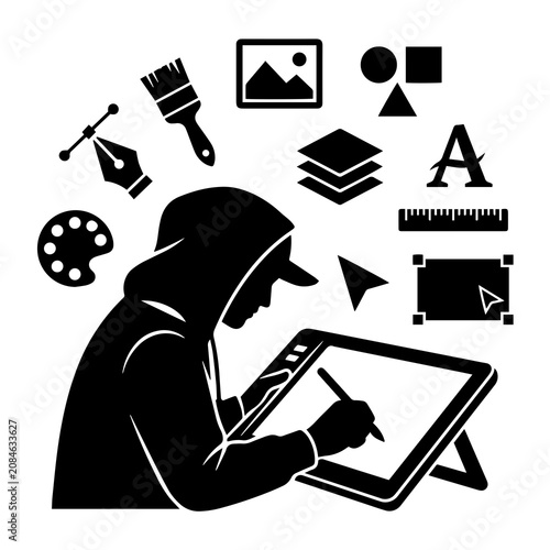 Designer silhouette working on a digital tablet with various creative software tools and surrounding the person on white