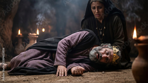 King Saul collapses in terror after Samuel’s words, Old Testament biblical scene
