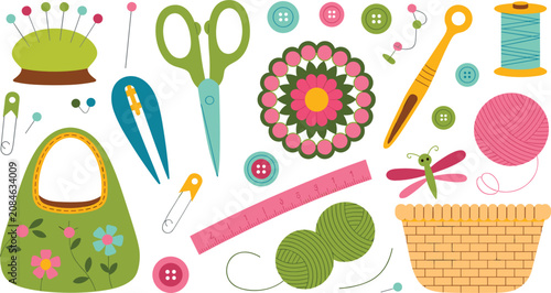 Photos Sewing and craft tools collection featuring scissors pincushion yarn basket butt