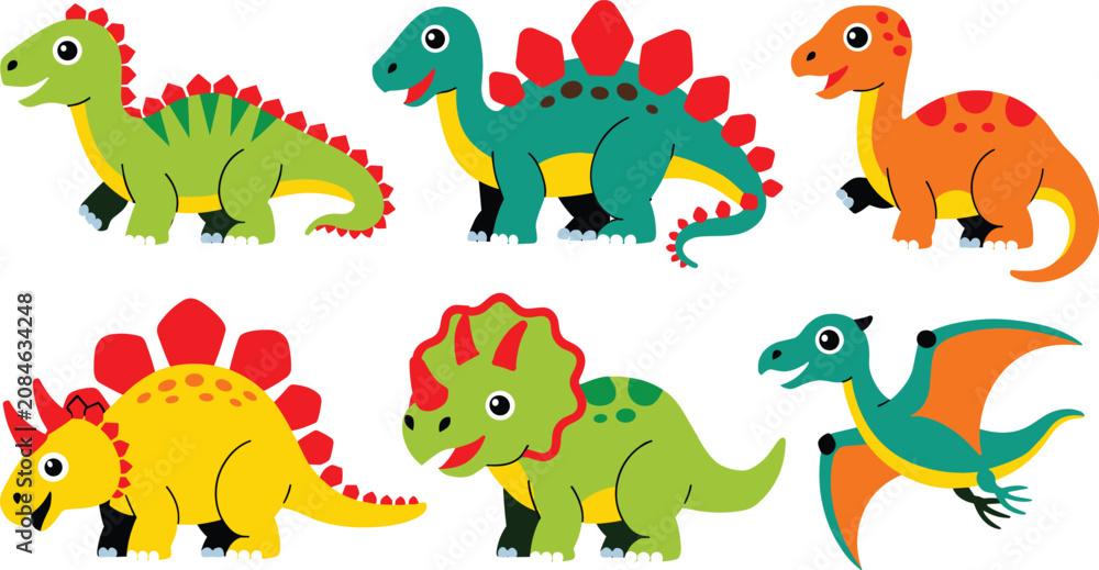 Fototapeta premium Cute cartoon dinosaur character collection with triceratops stegosaurus pterodactyl for kids education playful vector illustration isolated set